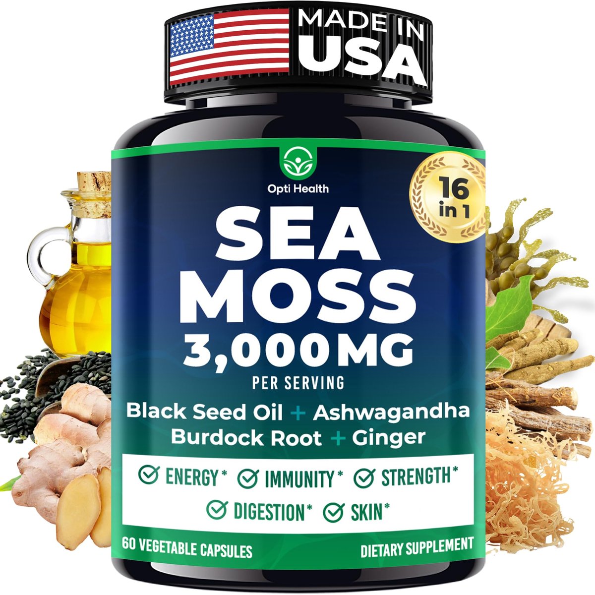 Opti Health Sea Moss Black Seed Oil Ashwagandha Ginger – Fortgeschrittene irische Sea Moss Kapseln, All-in-One-Nahrungsergänzung mit Seamoss, Schwarzkümmelöl, Ashwagandha, Klettenwurzel, Blasentang – Energie, Immunsystem, Darmgesundheit (60 Kapseln)