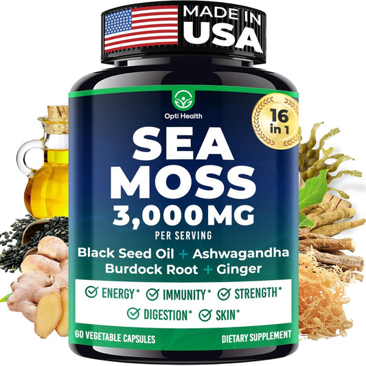 Opti Health Sea Moss Black Seed Oil Ashwagandha Ginger – Fortgeschrittene irische Sea Moss Kapseln, All-in-One-Nahrungsergänzung mit Seamoss, Schwarzkümmelöl, Ashwagandha, Klettenwurzel, Blasentang – Energie, Immunsystem, Darmgesundheit (60 Kapseln)