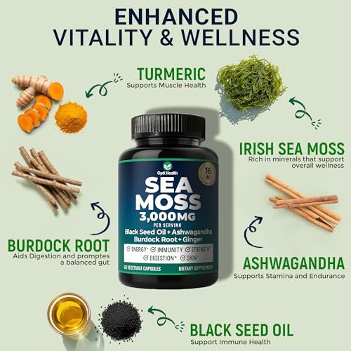Opti Health Sea Moss Black Seed Oil Ashwagandha Ginger – Fortgeschrittene irische Sea Moss Kapseln, All-in-One-Nahrungsergänzung mit Seamoss, Schwarzkümmelöl, Ashwagandha, Klettenwurzel, Blasentang – Energie, Immunsystem, Darmgesundheit (60 Kapseln)