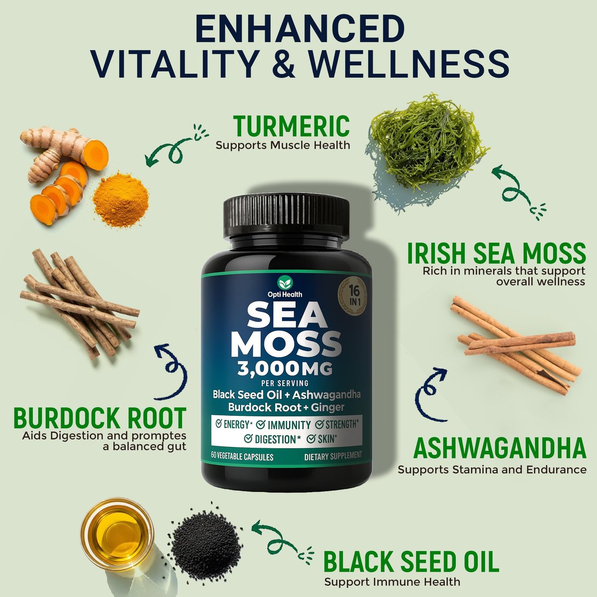 Opti Health Sea Moss Black Seed Oil Ashwagandha Ginger – Fortgeschrittene irische Sea Moss Kapseln, All-in-One-Nahrungsergänzung mit Seamoss, Schwarzkümmelöl, Ashwagandha, Klettenwurzel, Blasentang – Energie, Immunsystem, Darmgesundheit (60 Kapseln)