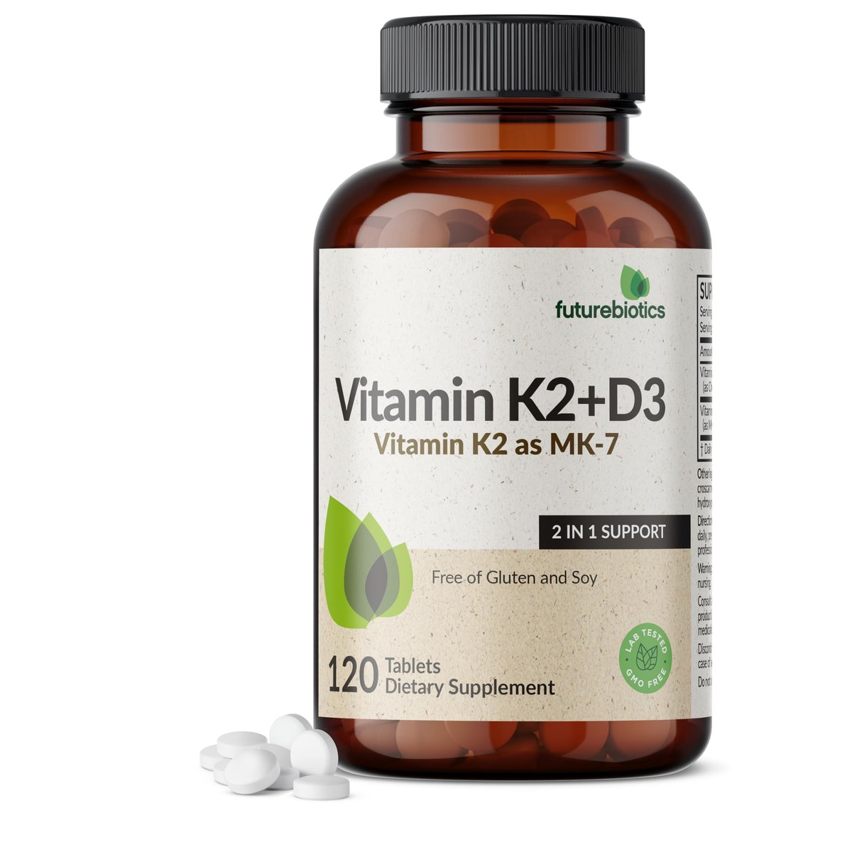 Futurebiotics Vitamin K2 mit D3 – 2-in-1-Unterstützung, 5000 IE Vitamin D3 & 90 µg Vitamin K2 MK-7, Nicht-GVO, 120 Tabletten