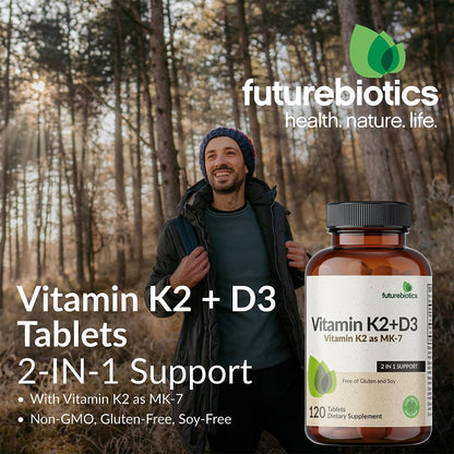 Futurebiotics Vitamin K2 mit D3 – 2-in-1-Unterstützung, 5000 IE Vitamin D3 & 90 µg Vitamin K2 MK-7, Nicht-GVO, 120 Tabletten