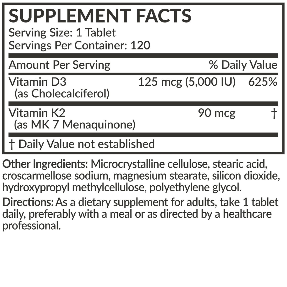 Futurebiotics Vitamin K2 mit D3 – 2-in-1-Unterstützung, 5000 IE Vitamin D3 & 90 µg Vitamin K2 MK-7, Nicht-GVO, 120 Tabletten