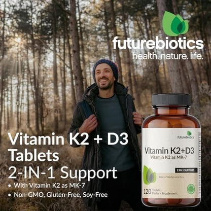 Futurebiotics Vitamin K2 mit D3 – 2-in-1-Unterstützung, 5000 IE Vitamin D3 & 90 µg Vitamin K2 MK-7, Nicht-GVO, 120 Tabletten