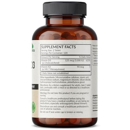 Futurebiotics Vitamin K2 mit D3 – 2-in-1-Unterstützung, 5000 IE Vitamin D3 & 90 µg Vitamin K2 MK-7, Nicht-GVO, 120 Tabletten