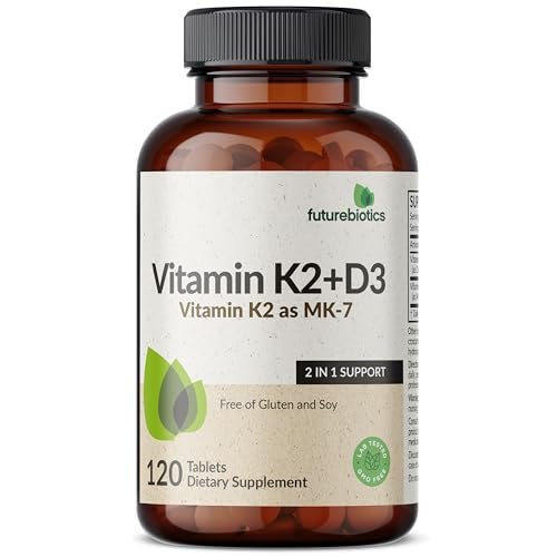 Futurebiotics Vitamin K2 mit D3 – 2-in-1-Unterstützung, 5000 IE Vitamin D3 & 90 µg Vitamin K2 MK-7, Nicht-GVO, 120 Tabletten