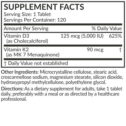 Futurebiotics Vitamin K2 mit D3 – 2-in-1-Unterstützung, 5000 IE Vitamin D3 & 90 µg Vitamin K2 MK-7, Nicht-GVO, 120 Tabletten