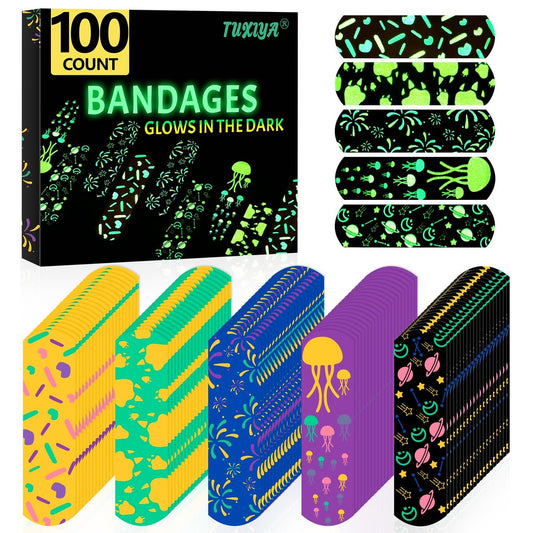 100er-Pack Kinderpflaster, Leuchtende Pflaster für Kinder, Wasserdichte Pflaster für Kleine Schnitte und Schrammen – 5 Designs, TUXIYA
