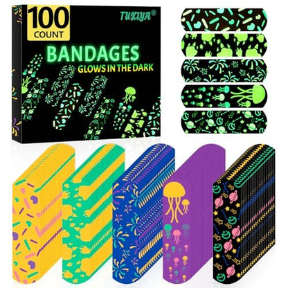 100er-Pack Kinderpflaster, Leuchtende Pflaster für Kinder, Wasserdichte Pflaster für Kleine Schnitte und Schrammen – 5 Designs, TUXIYA