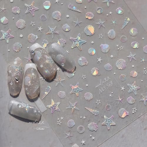 Sommerliche Muschel- und Seestern-Nagelaufkleber – Glänzende Meerestier-Nageldekorationen, 5D Acryl-Nagelsticker, Ozean-Thema für Frauen und Mädchen