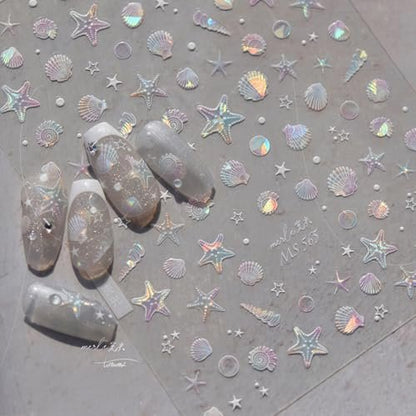 Sommerliche Muschel- und Seestern-Nagelaufkleber – Glänzende Meerestier-Nageldekorationen, 5D Acryl-Nagelsticker, Ozean-Thema für Frauen und Mädchen