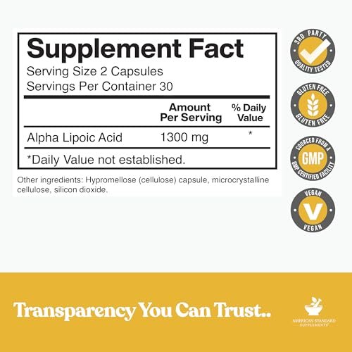 American Standard Supplements Alpha-Liponsäure 1300 mg pro Portion – Vegan, Glutenfrei, Non-GMO, 60 Kapseln, 30 Portionen