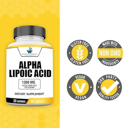 American Standard Supplements Alpha-Liponsäure 1300 mg pro Portion – Vegan, Glutenfrei, Non-GMO, 60 Kapseln, 30 Portionen
