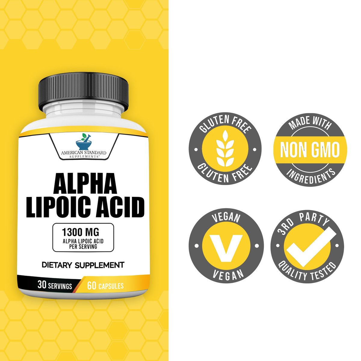 American Standard Supplements Alpha-Liponsäure 1300 mg pro Portion – Vegan, Glutenfrei, Non-GMO, 60 Kapseln, 30 Portionen