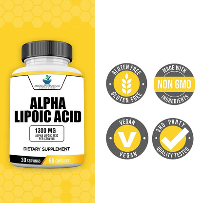American Standard Supplements Alpha-Liponsäure 1300 mg pro Portion – Vegan, Glutenfrei, Non-GMO, 60 Kapseln, 30 Portionen