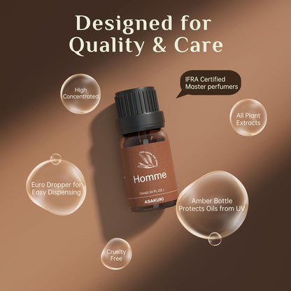 ASAKUKI Men Essential Oils Set für Diffuser – 6×10 ml Kollektion inspirierter Unisex-Duftöle für Diffuser – Elegante, saubere und selbstbewusste Düfte