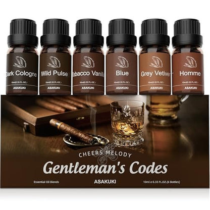 ASAKUKI Men Essential Oils Set für Diffuser – 6×10 ml Kollektion inspirierter Unisex-Duftöle für Diffuser – Elegante, saubere und selbstbewusste Düfte