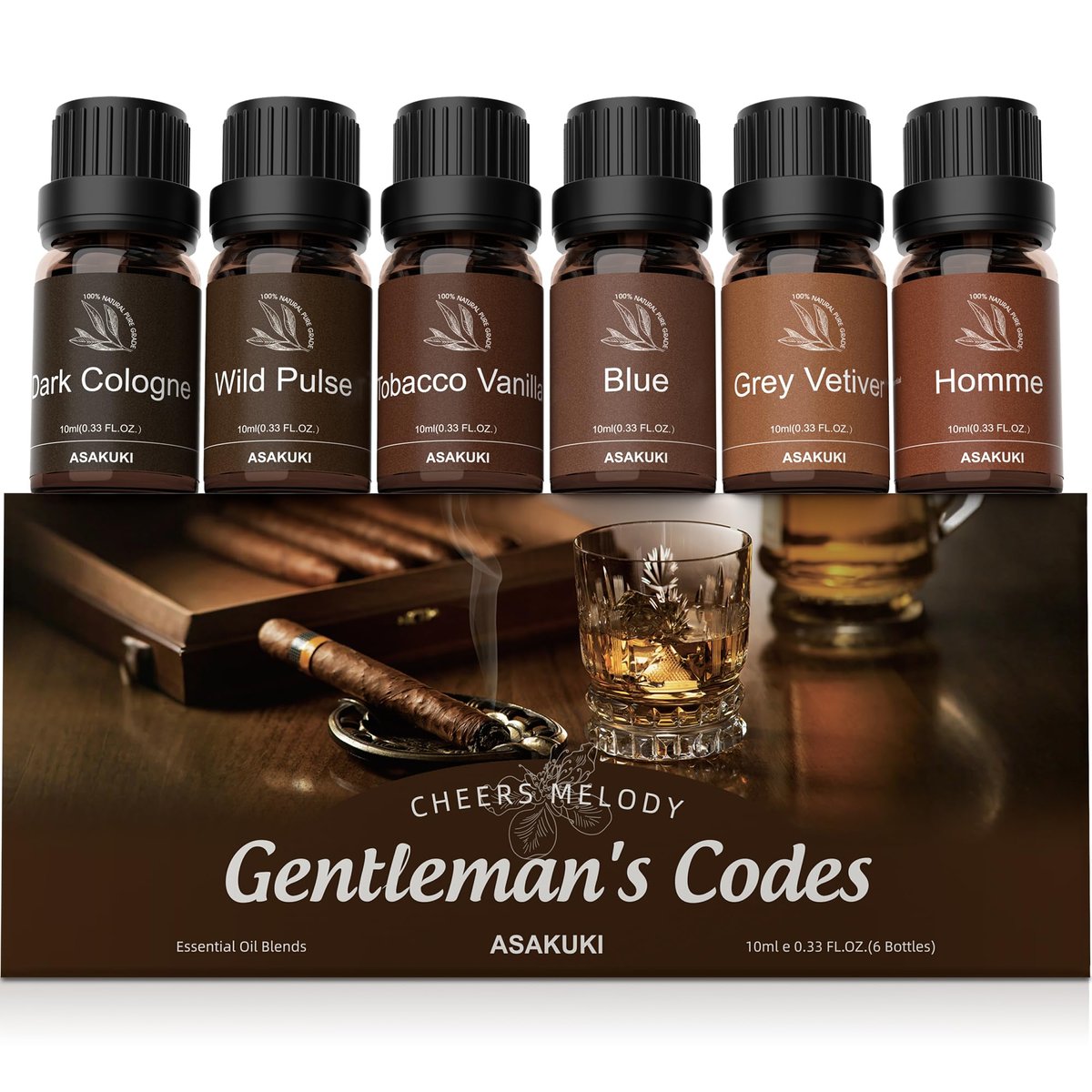 ASAKUKI Men Essential Oils Set für Diffuser – 6×10 ml Kollektion inspirierter Unisex-Duftöle für Diffuser – Elegante, saubere und selbstbewusste Düfte