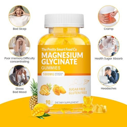 Magnesiumglycinat Gummibärchen 1000mg - 90 Stück | Magnesium Kalium Präparat für Entspannung, Stressabbau, mit Vitamin D, B6, CoQ10 für ruhige Stimmung & Schlafunterstützung - Mango Ananas Gummis