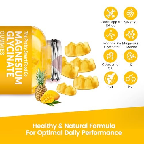 Magnesiumglycinat Gummibärchen 1000mg - 90 Stück | Magnesium Kalium Präparat für Entspannung, Stressabbau, mit Vitamin D, B6, CoQ10 für ruhige Stimmung & Schlafunterstützung - Mango Ananas Gummis