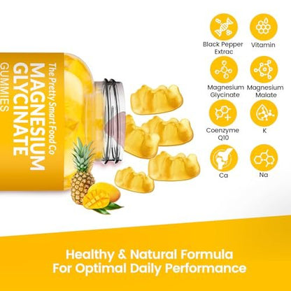 Magnesiumglycinat Gummibärchen 1000mg - 90 Stück | Magnesium Kalium Präparat für Entspannung, Stressabbau, mit Vitamin D, B6, CoQ10 für ruhige Stimmung & Schlafunterstützung - Mango Ananas Gummis