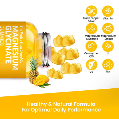 Magnesiumglycinat Gummibärchen 1000mg - 90 Stück | Magnesium Kalium Präparat für Entspannung, Stressabbau, mit Vitamin D, B6, CoQ10 für ruhige Stimmung & Schlafunterstützung - Mango Ananas Gummis