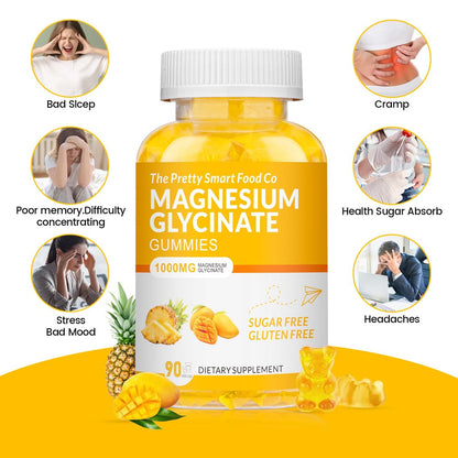 Magnesiumglycinat Gummibärchen 1000mg - 90 Stück | Magnesium Kalium Präparat für Entspannung, Stressabbau, mit Vitamin D, B6, CoQ10 für ruhige Stimmung & Schlafunterstützung - Mango Ananas Gummis