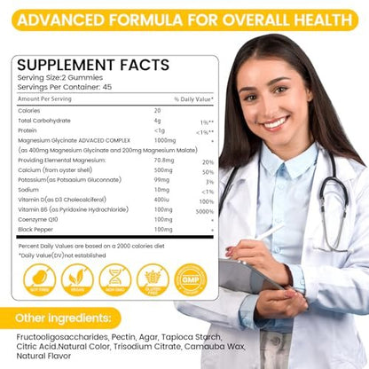 Magnesiumglycinat Gummibärchen 1000mg - 90 Stück | Magnesium Kalium Präparat für Entspannung, Stressabbau, mit Vitamin D, B6, CoQ10 für ruhige Stimmung & Schlafunterstützung - Mango Ananas Gummis