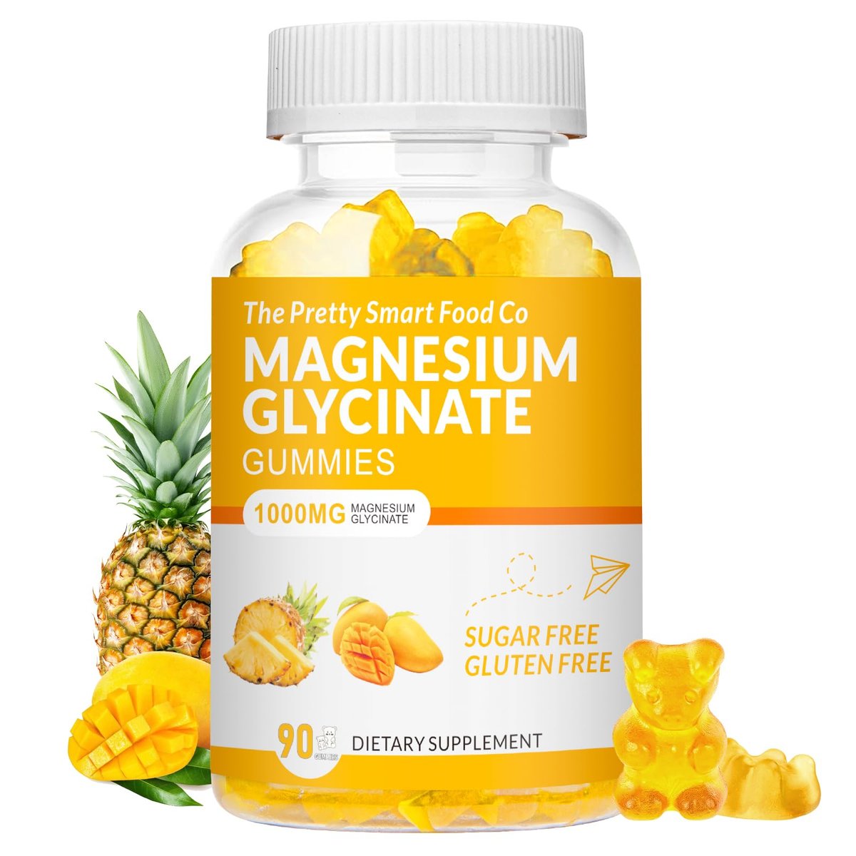 Magnesiumglycinat Gummibärchen 1000mg - 90 Stück | Magnesium Kalium Präparat für Entspannung, Stressabbau, mit Vitamin D, B6, CoQ10 für ruhige Stimmung & Schlafunterstützung - Mango Ananas Gummis