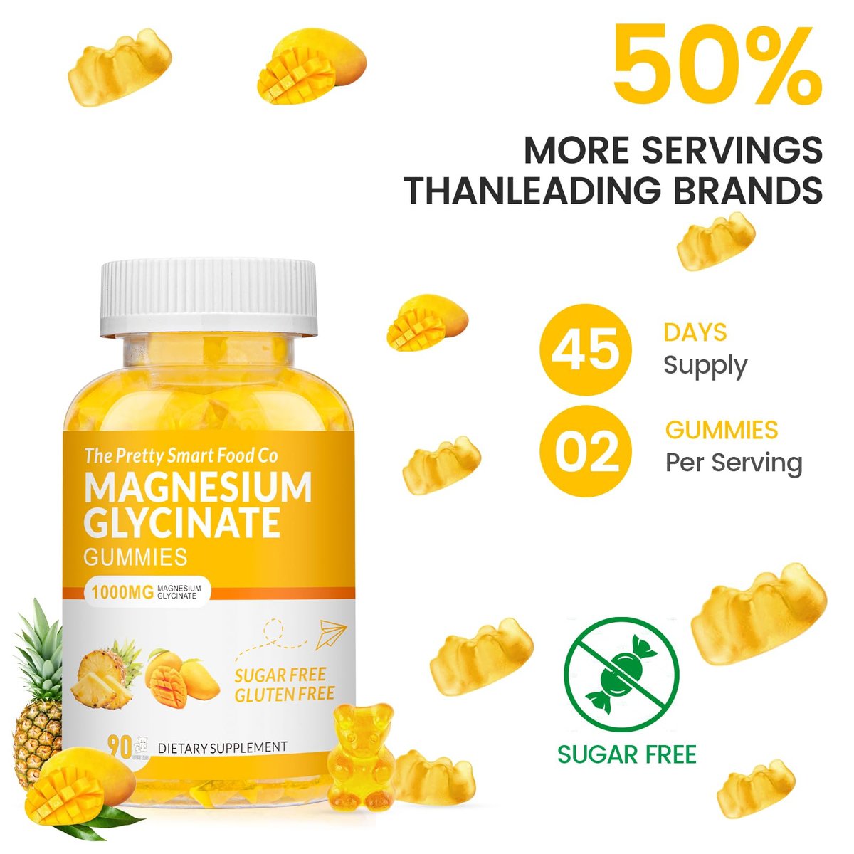 Magnesiumglycinat Gummibärchen 1000mg - 90 Stück | Magnesium Kalium Präparat für Entspannung, Stressabbau, mit Vitamin D, B6, CoQ10 für ruhige Stimmung & Schlafunterstützung - Mango Ananas Gummis