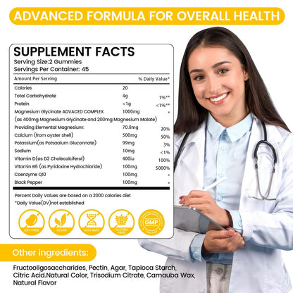 Magnesiumglycinat Gummibärchen 1000mg - 90 Stück | Magnesium Kalium Präparat für Entspannung, Stressabbau, mit Vitamin D, B6, CoQ10 für ruhige Stimmung & Schlafunterstützung - Mango Ananas Gummis
