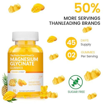 Magnesiumglycinat Gummibärchen 1000mg - 90 Stück | Magnesium Kalium Präparat für Entspannung, Stressabbau, mit Vitamin D, B6, CoQ10 für ruhige Stimmung & Schlafunterstützung - Mango Ananas Gummis
