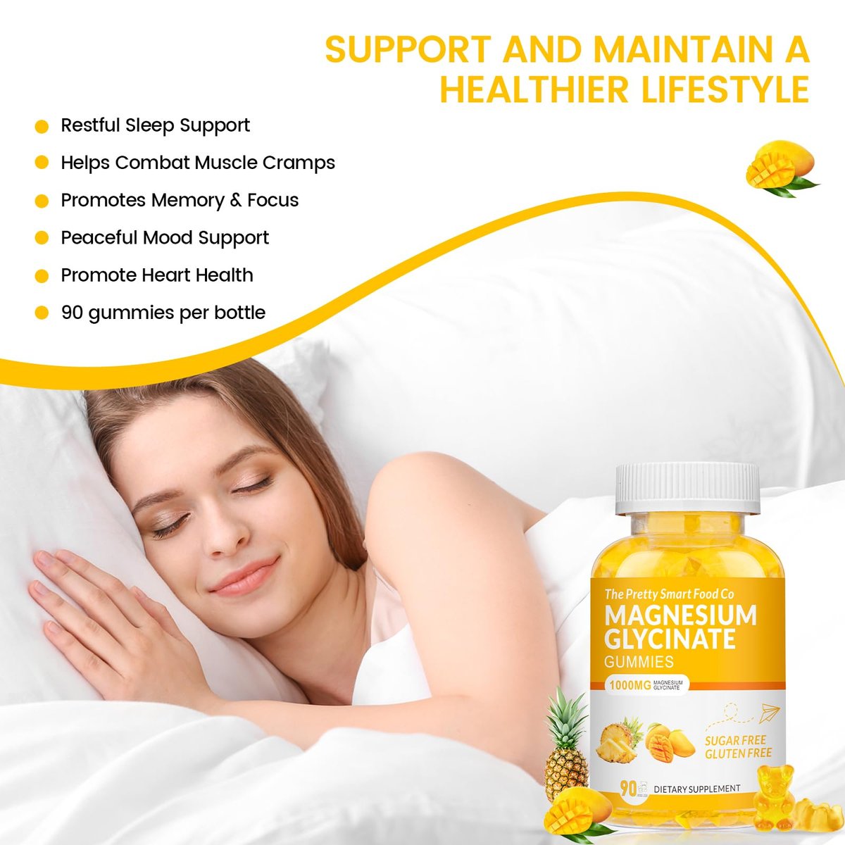 Magnesiumglycinat Gummibärchen 1000mg - 90 Stück | Magnesium Kalium Präparat für Entspannung, Stressabbau, mit Vitamin D, B6, CoQ10 für ruhige Stimmung & Schlafunterstützung - Mango Ananas Gummis