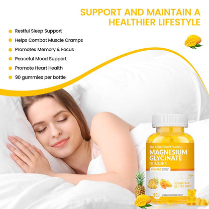Magnesiumglycinat Gummibärchen 1000mg - 90 Stück | Magnesium Kalium Präparat für Entspannung, Stressabbau, mit Vitamin D, B6, CoQ10 für ruhige Stimmung & Schlafunterstützung - Mango Ananas Gummis