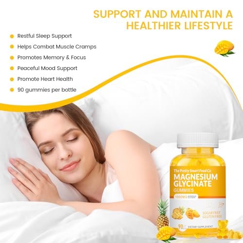 Magnesiumglycinat Gummibärchen 1000mg - 90 Stück | Magnesium Kalium Präparat für Entspannung, Stressabbau, mit Vitamin D, B6, CoQ10 für ruhige Stimmung & Schlafunterstützung - Mango Ananas Gummis