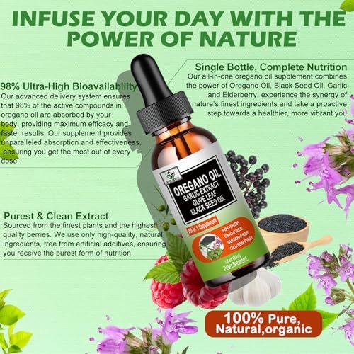 Vita letuo Bio Oregano Öl mit Schwarzkümmelöl, Oregano Öl Tropfen mit Knoblauch, Olivenblatt, Holunderbeere für Immun-, Verdauungsunterstützung & Antioxidantien, Saisonale Unterstützung für Männer & Frauen