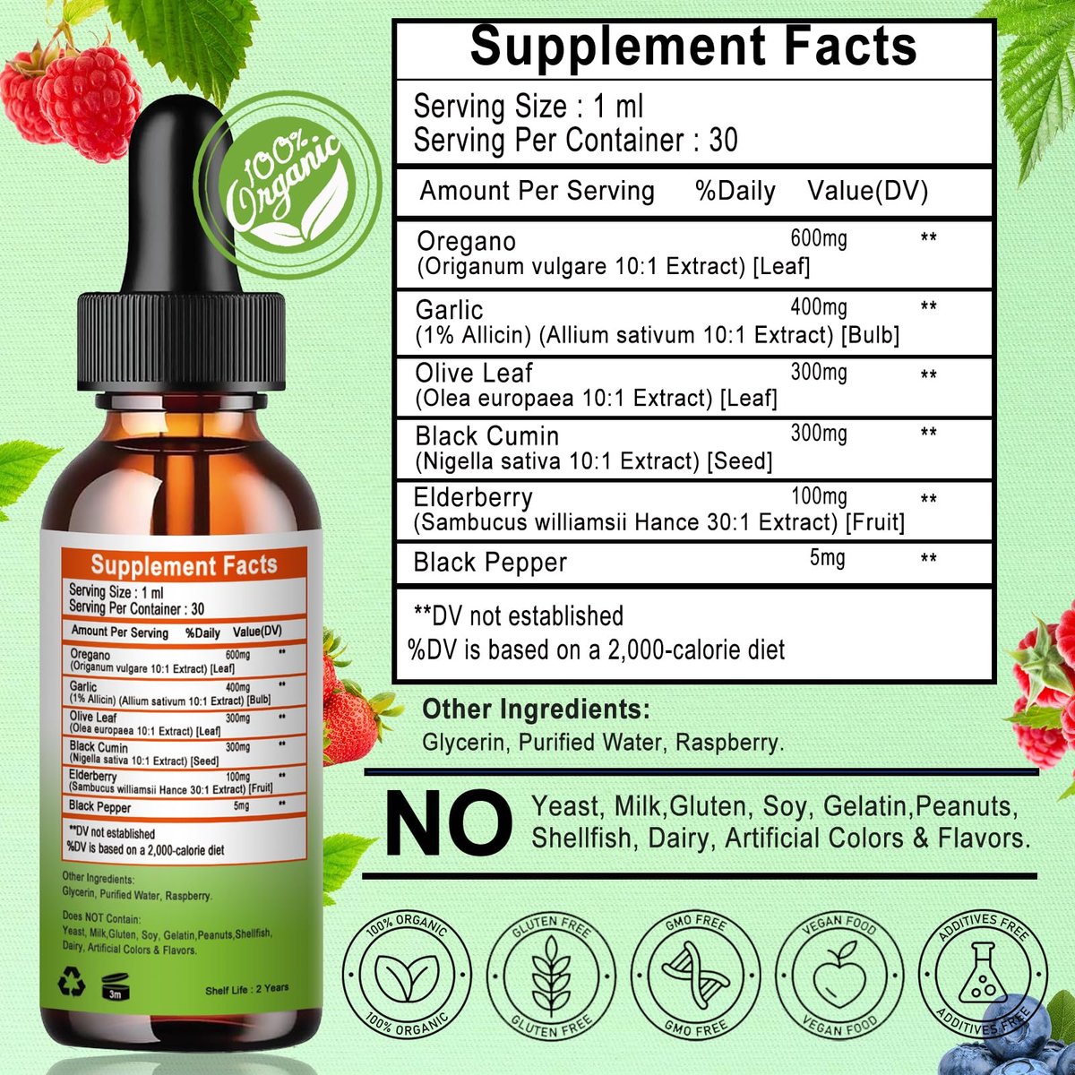 Vita letuo Bio Oregano Öl mit Schwarzkümmelöl, Oregano Öl Tropfen mit Knoblauch, Olivenblatt, Holunderbeere für Immun-, Verdauungsunterstützung & Antioxidantien, Saisonale Unterstützung für Männer & Frauen