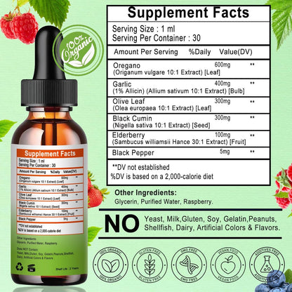 Vita letuo Bio Oregano Öl mit Schwarzkümmelöl, Oregano Öl Tropfen mit Knoblauch, Olivenblatt, Holunderbeere für Immun-, Verdauungsunterstützung & Antioxidantien, Saisonale Unterstützung für Männer & Frauen
