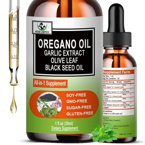 Vita letuo Bio Oregano Öl mit Schwarzkümmelöl, Oregano Öl Tropfen mit Knoblauch, Olivenblatt, Holunderbeere für Immun-, Verdauungsunterstützung & Antioxidantien, Saisonale Unterstützung für Männer & Frauen