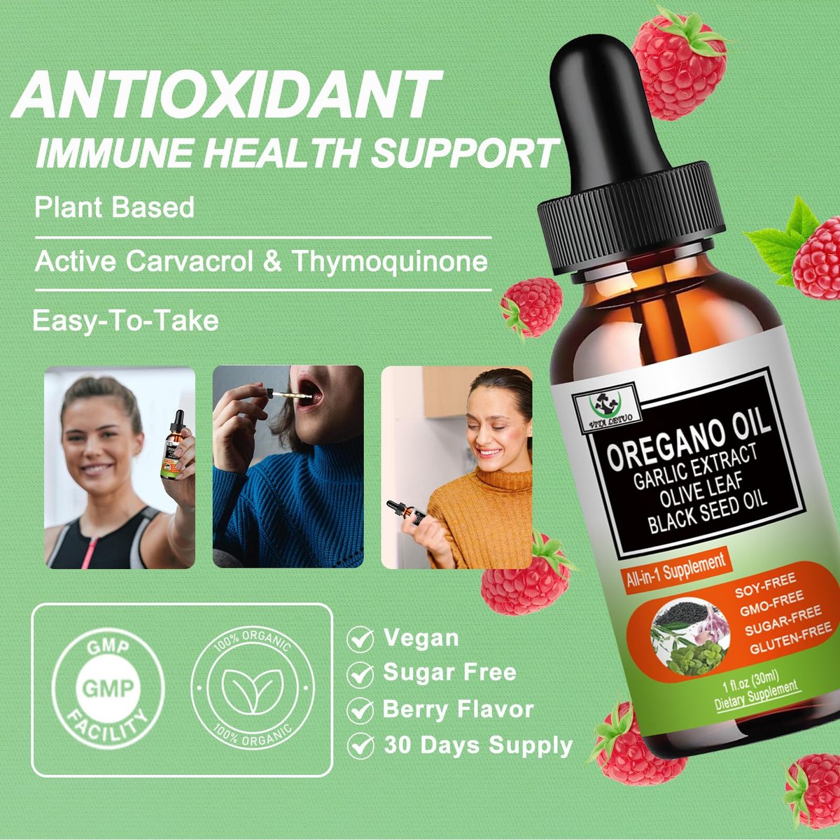 Vita letuo Bio Oregano Öl mit Schwarzkümmelöl, Oregano Öl Tropfen mit Knoblauch, Olivenblatt, Holunderbeere für Immun-, Verdauungsunterstützung & Antioxidantien, Saisonale Unterstützung für Männer & Frauen