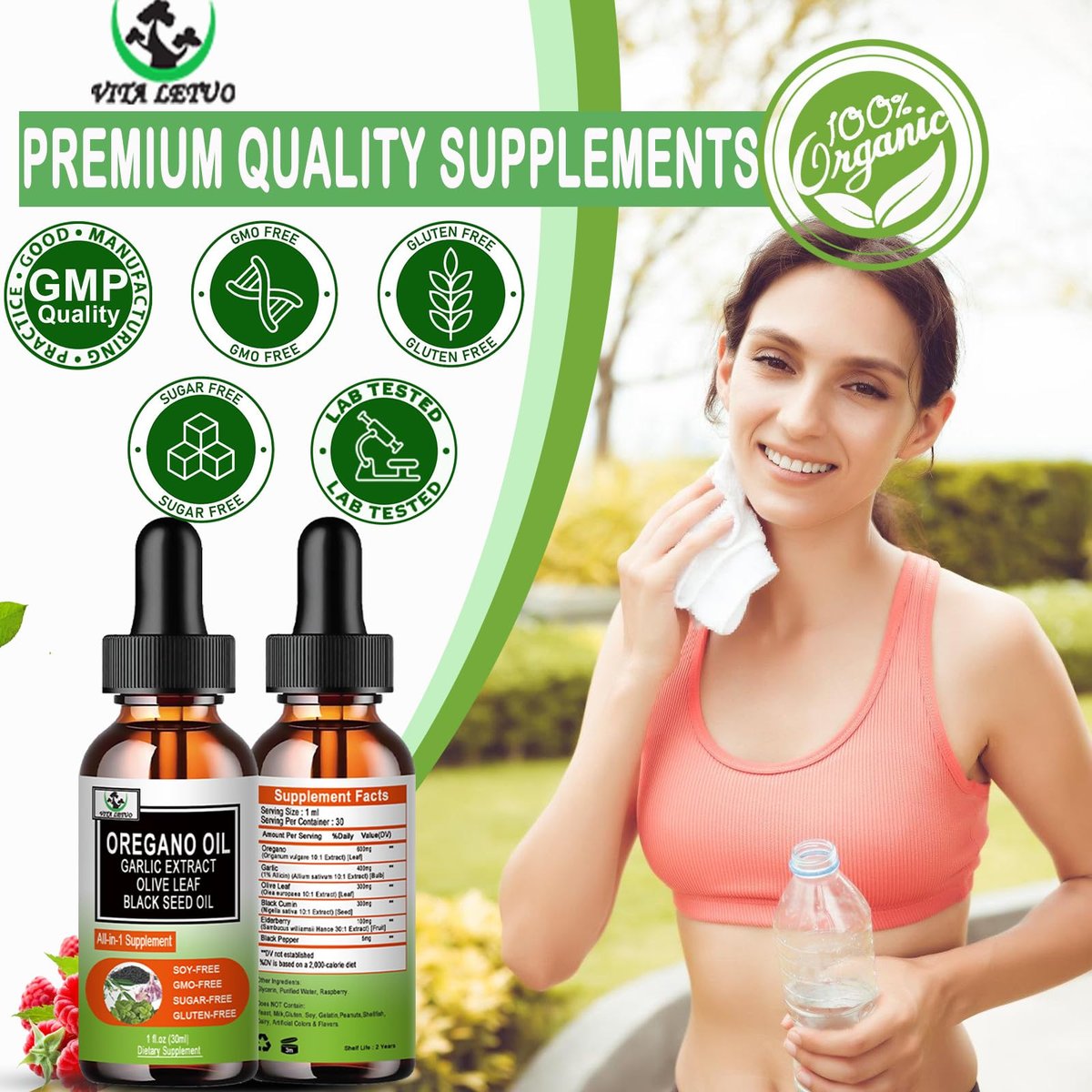 Vita letuo Bio Oregano Öl mit Schwarzkümmelöl, Oregano Öl Tropfen mit Knoblauch, Olivenblatt, Holunderbeere für Immun-, Verdauungsunterstützung & Antioxidantien, Saisonale Unterstützung für Männer & Frauen