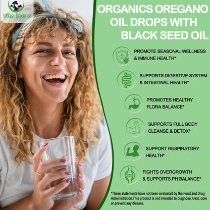 Vita letuo Bio Oregano Öl mit Schwarzkümmelöl, Oregano Öl Tropfen mit Knoblauch, Olivenblatt, Holunderbeere für Immun-, Verdauungsunterstützung & Antioxidantien, Saisonale Unterstützung für Männer & Frauen