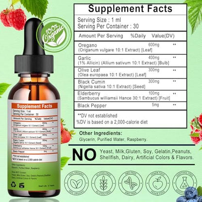 Vita letuo Bio Oregano Öl mit Schwarzkümmelöl, Oregano Öl Tropfen mit Knoblauch, Olivenblatt, Holunderbeere für Immun-, Verdauungsunterstützung & Antioxidantien, Saisonale Unterstützung für Männer & Frauen