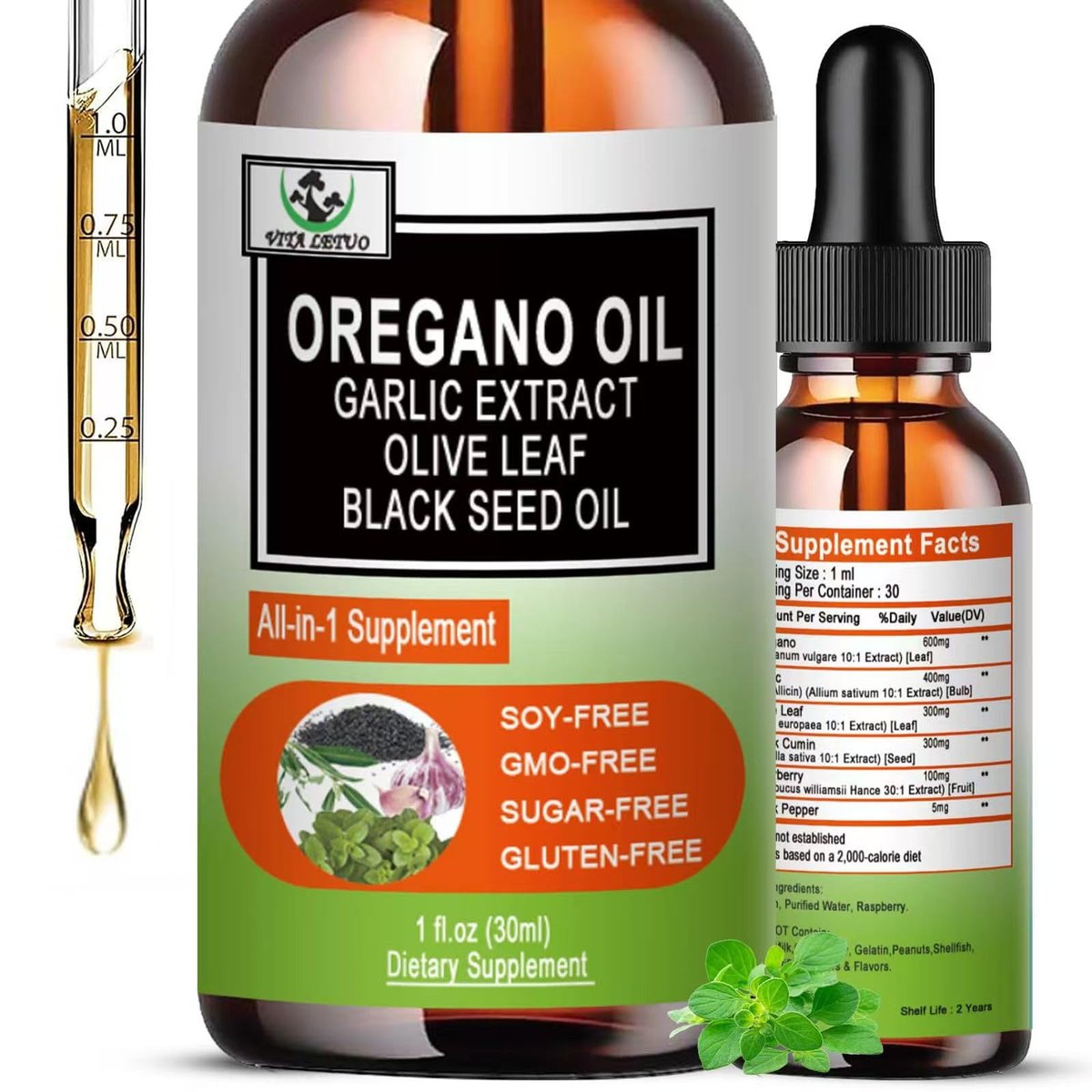 Vita letuo Bio Oregano Öl mit Schwarzkümmelöl, Oregano Öl Tropfen mit Knoblauch, Olivenblatt, Holunderbeere für Immun-, Verdauungsunterstützung & Antioxidantien, Saisonale Unterstützung für Männer & Frauen