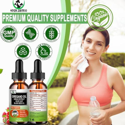 Vita letuo Bio Oregano Öl mit Schwarzkümmelöl, Oregano Öl Tropfen mit Knoblauch, Olivenblatt, Holunderbeere für Immun-, Verdauungsunterstützung & Antioxidantien, Saisonale Unterstützung für Männer & Frauen