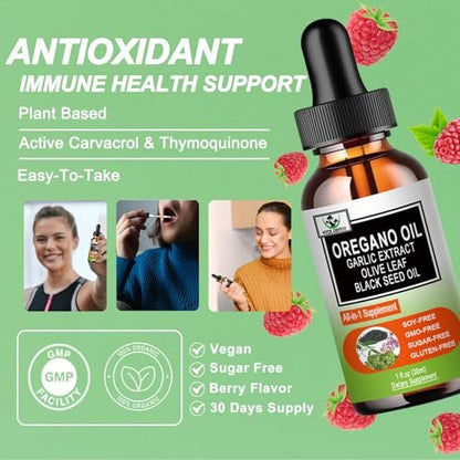 Vita letuo Bio Oregano Öl mit Schwarzkümmelöl, Oregano Öl Tropfen mit Knoblauch, Olivenblatt, Holunderbeere für Immun-, Verdauungsunterstützung & Antioxidantien, Saisonale Unterstützung für Männer & Frauen