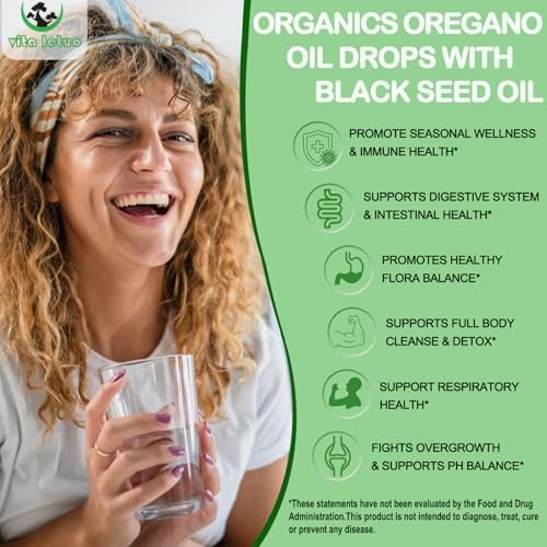 Vita letuo Bio Oregano Öl mit Schwarzkümmelöl, Oregano Öl Tropfen mit Knoblauch, Olivenblatt, Holunderbeere für Immun-, Verdauungsunterstützung & Antioxidantien, Saisonale Unterstützung für Männer & Frauen