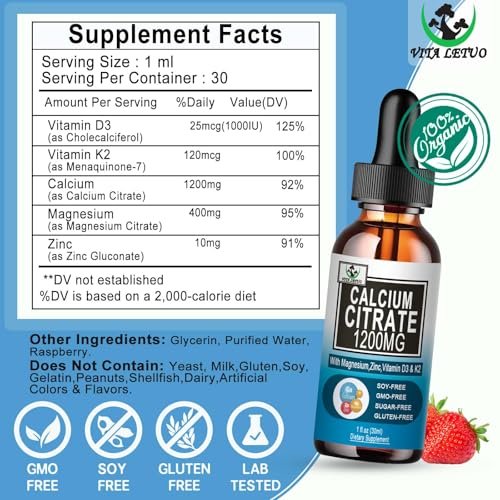 Calcium Citrat Supplement – 1200 mg Calcium mit Vitamin D3 Tropfen für Knochen, Zähne, Darm und Herz-Kreislauf-Gesundheit – Hochabsorbierbares flüssiges Calcium Magnesium Citrat 400 mg plus Zink, Vitamin K2 – Vegan, 30 Portionen