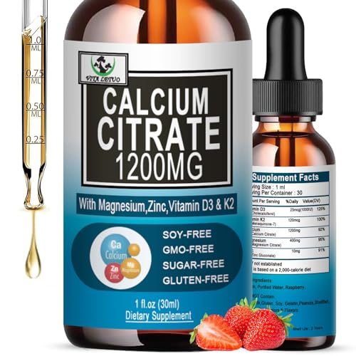 Calcium Citrat Supplement – 1200 mg Calcium mit Vitamin D3 Tropfen für Knochen, Zähne, Darm und Herz-Kreislauf-Gesundheit – Hochabsorbierbares flüssiges Calcium Magnesium Citrat 400 mg plus Zink, Vitamin K2 – Vegan, 30 Portionen