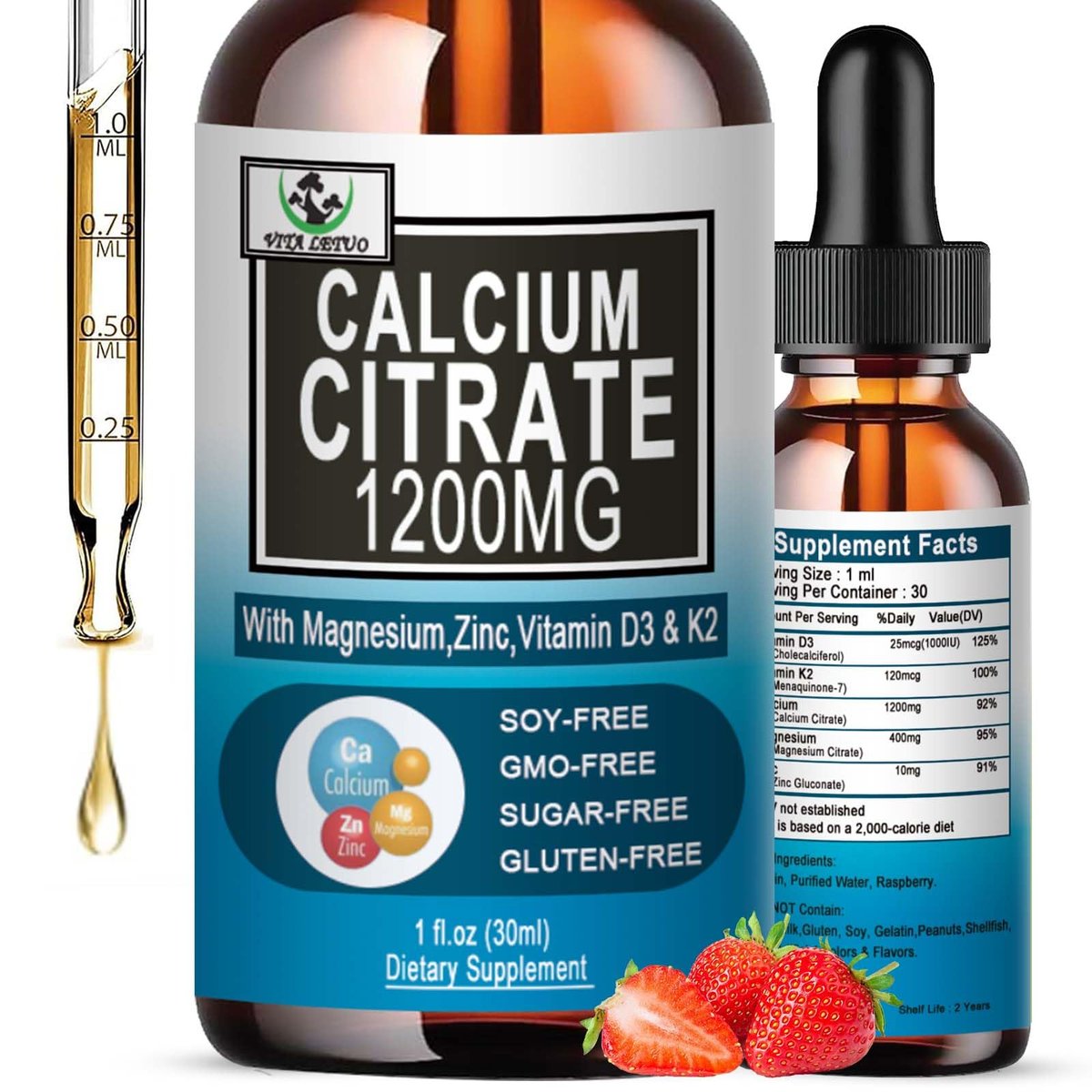 Calcium Citrat Supplement – 1200 mg Calcium mit Vitamin D3 Tropfen für Knochen, Zähne, Darm und Herz-Kreislauf-Gesundheit – Hochabsorbierbares flüssiges Calcium Magnesium Citrat 400 mg plus Zink, Vitamin K2 – Vegan, 30 Portionen